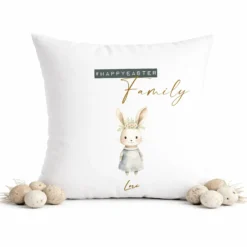 Personalisiertes Osterkissen mit Namen – Familienkissen mit Hasen – Osterdeko 40x40 – Geschenk für Kinder, Eltern & Großeltern – Kissenbezug mit oder ohne Füllung