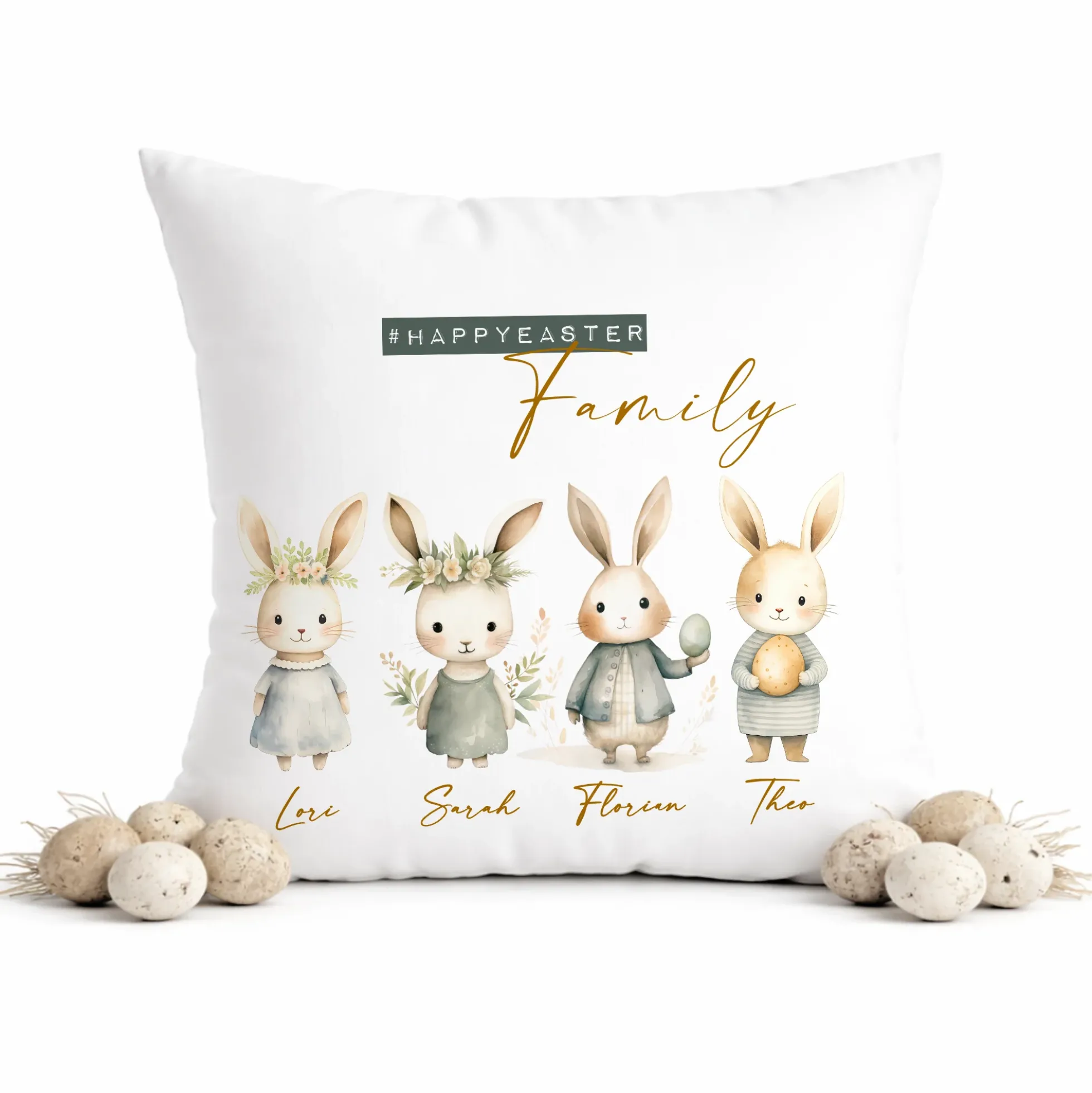 Personalisiertes Osterkissen mit Namen – Familienkissen mit Hasen – Osterdeko 40x40 – Geschenk für Kinder, Eltern & Großeltern – Kissenbezug mit oder ohne Füllung