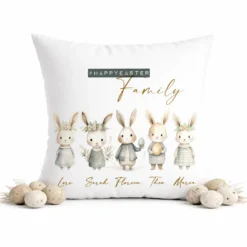 Personalisiertes Osterkissen mit Namen – Familienkissen mit Hasen – Osterdeko 40x40 – Geschenk für Kinder, Eltern & Großeltern – Kissenbezug mit oder ohne Füllung