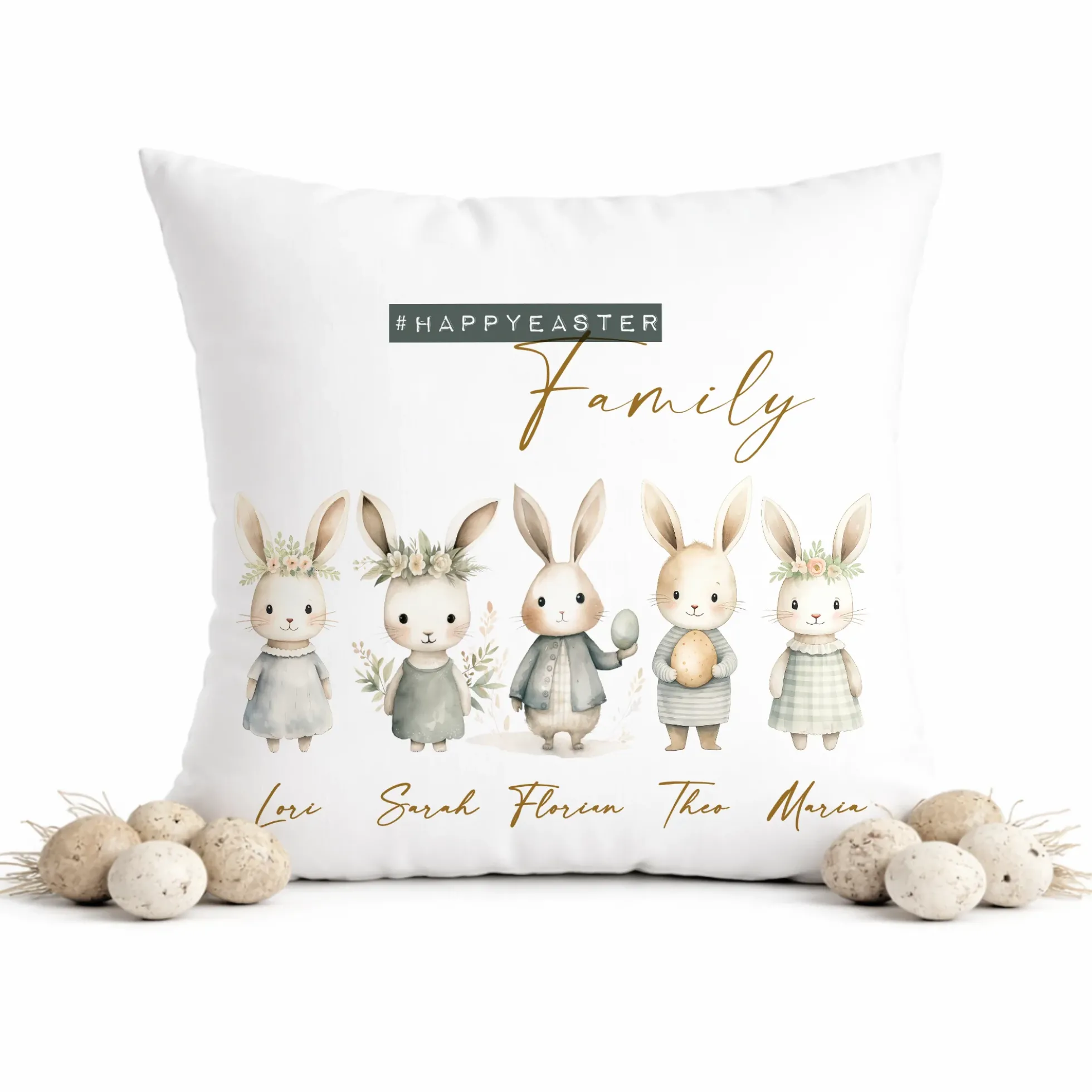Personalisiertes Osterkissen mit Namen – Familienkissen mit Hasen – Osterdeko 40x40 – Geschenk für Kinder, Eltern & Großeltern – Kissenbezug mit oder ohne Füllung