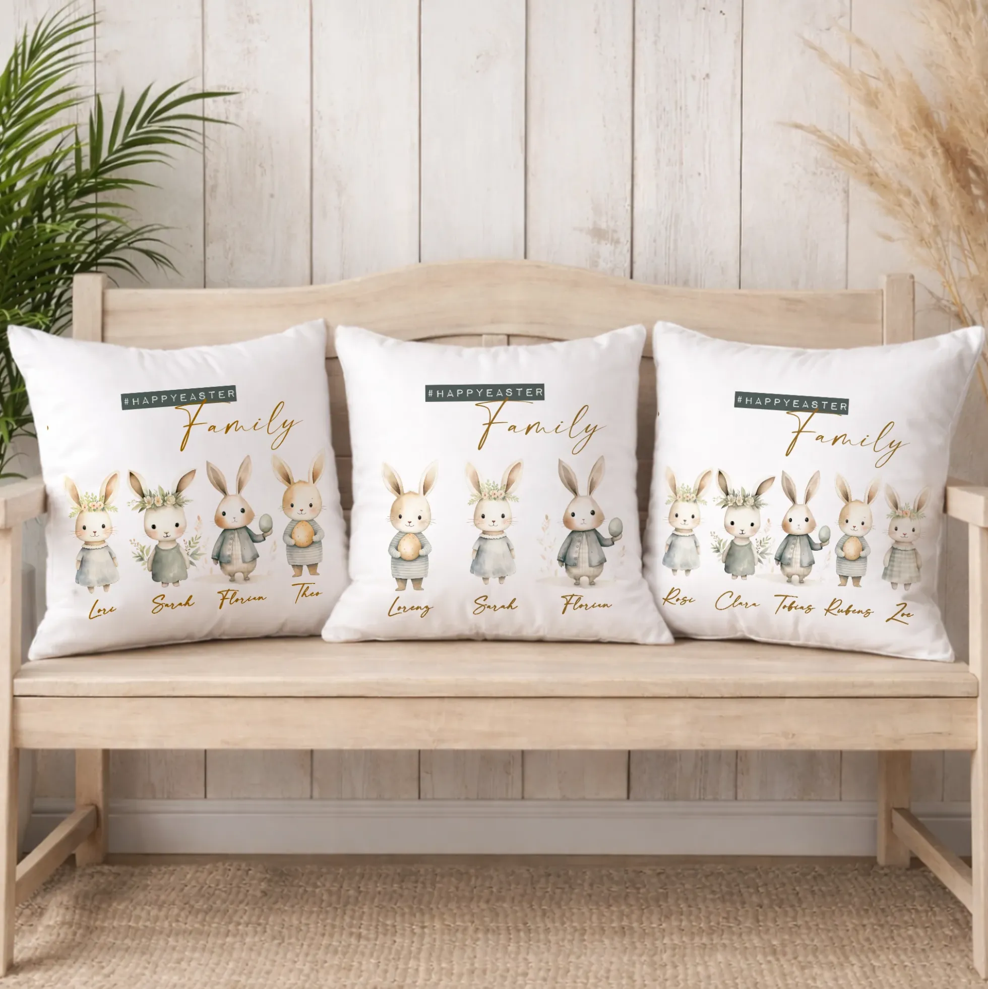 Personalisiertes Osterkissen mit Namen – Familienkissen mit Hasen – Osterdeko 40x40 – Geschenk für Kinder, Eltern & Großeltern – Kissenbezug mit oder ohne Füllung