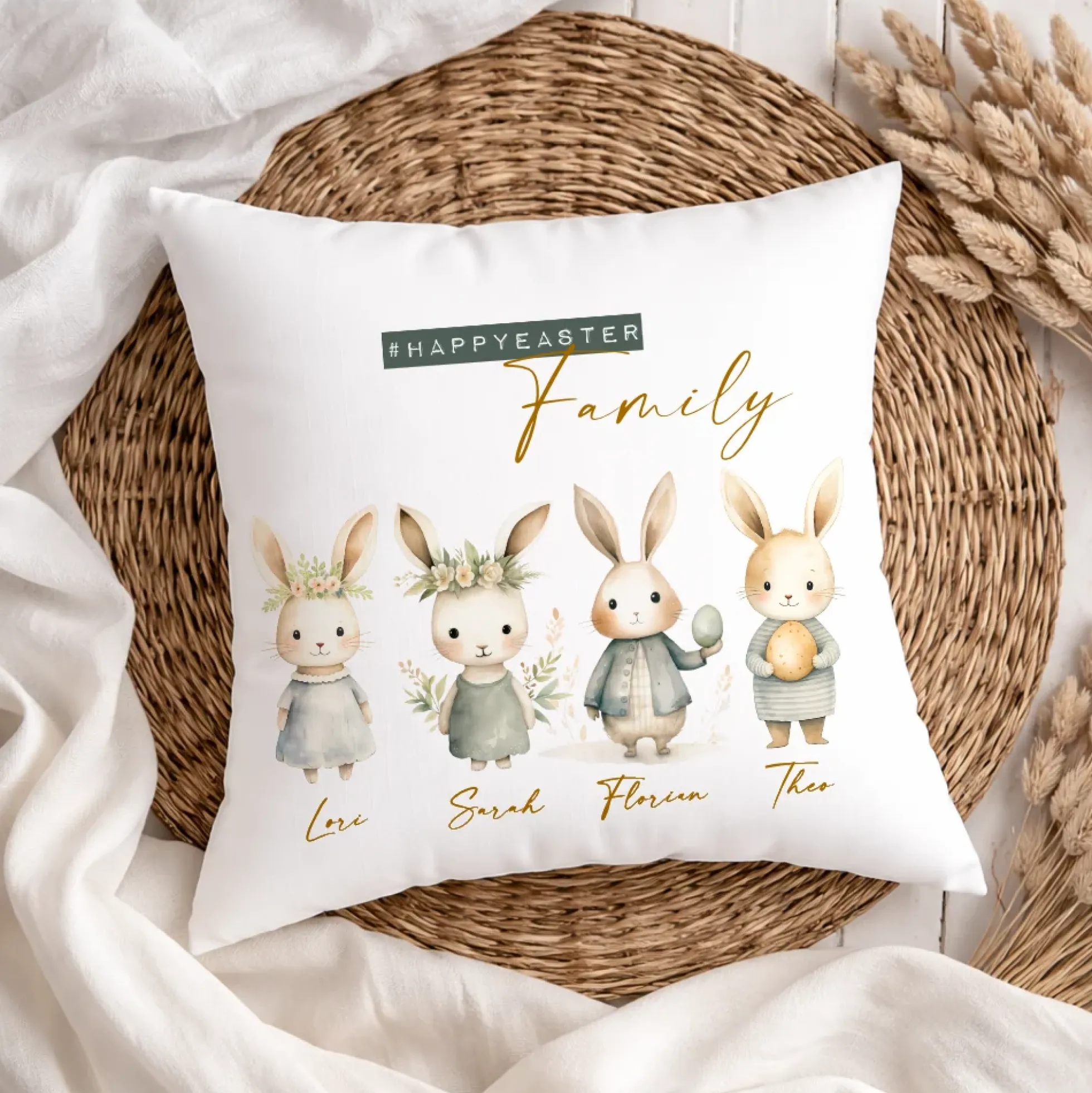 Personalisiertes Osterkissen mit Namen – Familienkissen mit Hasen – Osterdeko 40x40 – Geschenk für Kinder, Eltern & Großeltern – Kissenbezug mit oder ohne Füllung
