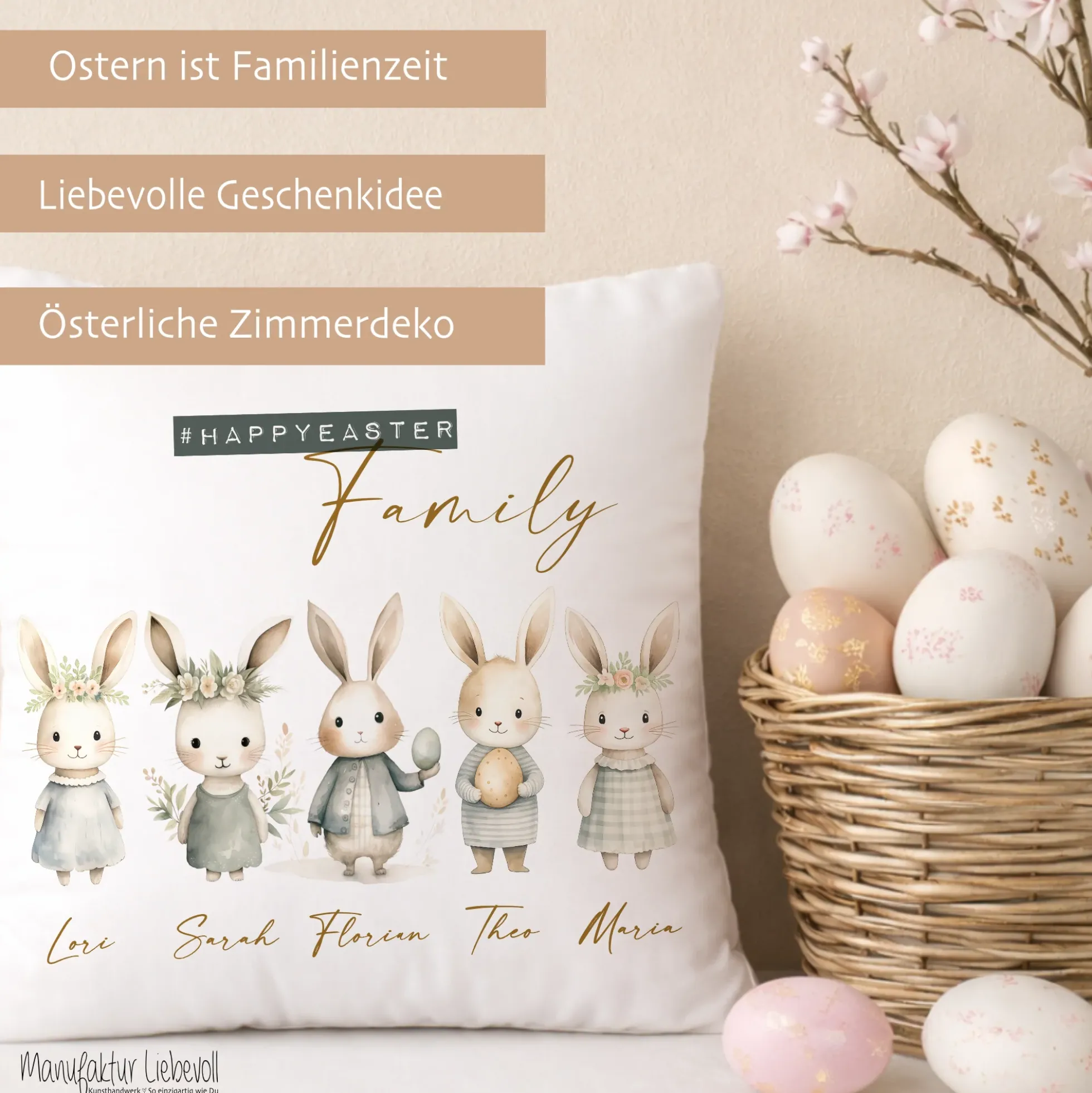 Personalisiertes Osterkissen mit Namen – Familienkissen mit Hasen – Osterdeko 40x40 – Geschenk für Kinder, Eltern & Großeltern – Kissenbezug mit oder ohne Füllung