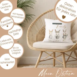 Personalisiertes Osterkissen mit Namen – Familienkissen mit Hasen – Osterdeko 40x40 – Geschenk für Kinder, Eltern & Großeltern – Kissenbezug mit oder ohne Füllung