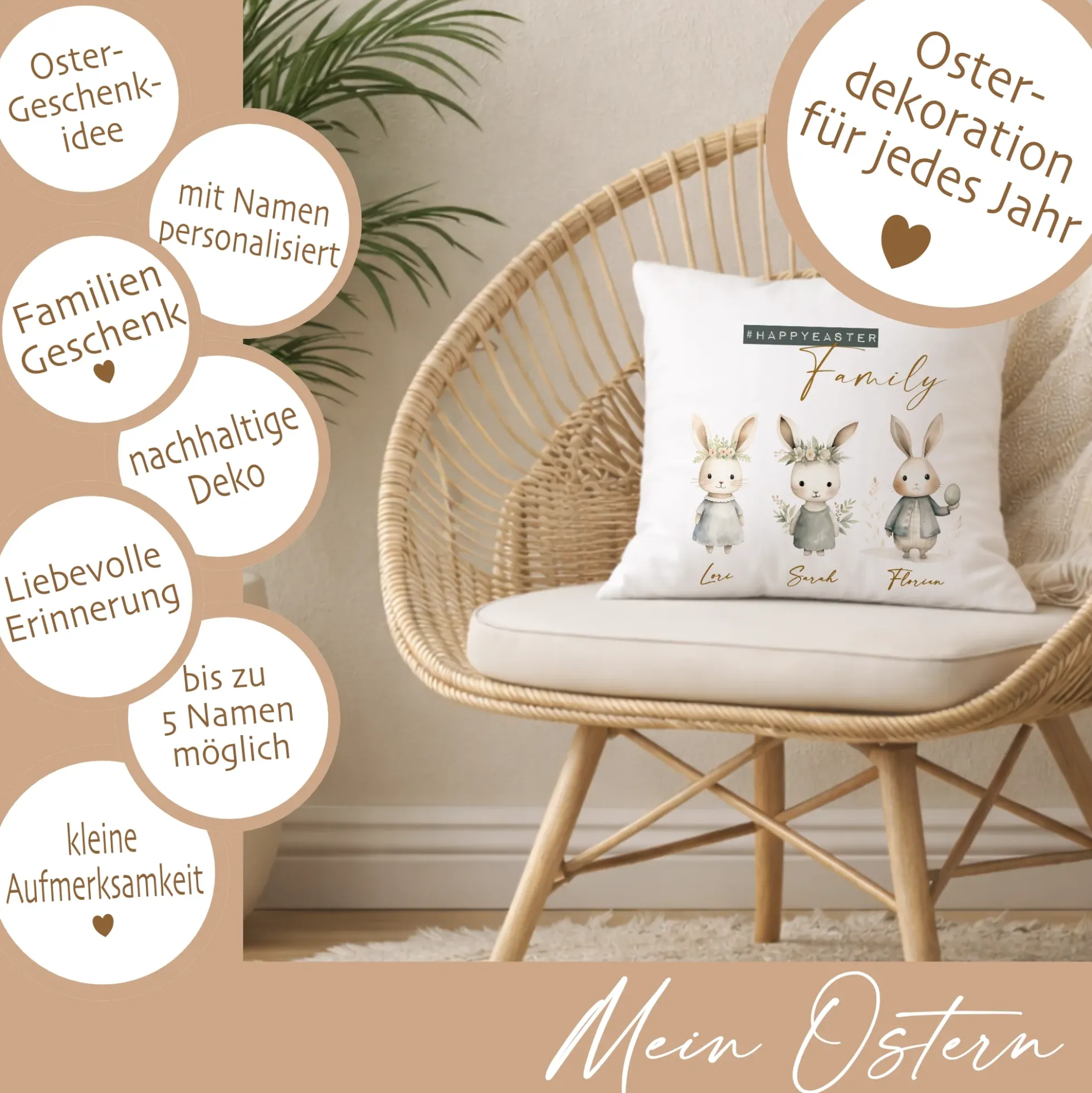 Personalisiertes Osterkissen mit Namen – Familienkissen mit Hasen – Osterdeko 40x40 – Geschenk für Kinder, Eltern & Großeltern – Kissenbezug mit oder ohne Füllung