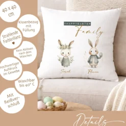 Personalisiertes Osterkissen mit Namen – Familienkissen mit Hasen – Osterdeko 40x40 – Geschenk für Kinder, Eltern & Großeltern – Kissenbezug mit oder ohne Füllung