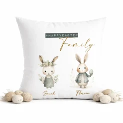Personalisiertes Osterkissen mit Namen – Familienkissen mit Hasen – Osterdeko 40x40 – Geschenk für Kinder, Eltern & Großeltern – Kissenbezug mit oder ohne Füllung