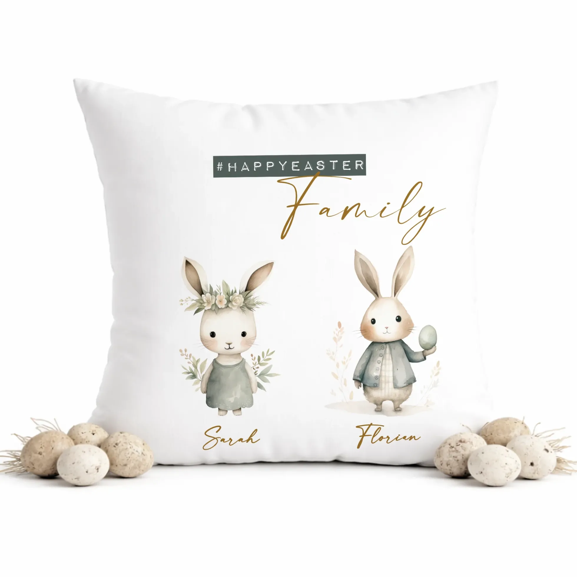 Personalisiertes Osterkissen mit Namen – Familienkissen mit Hasen – Osterdeko 40x40 – Geschenk für Kinder, Eltern & Großeltern – Kissenbezug mit oder ohne Füllung