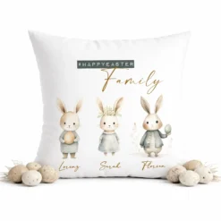 Personalisiertes Osterkissen mit Namen – Familienkissen mit Hasen – Osterdeko 40x40 – Geschenk für Kinder, Eltern & Großeltern – Kissenbezug mit oder ohne Füllung