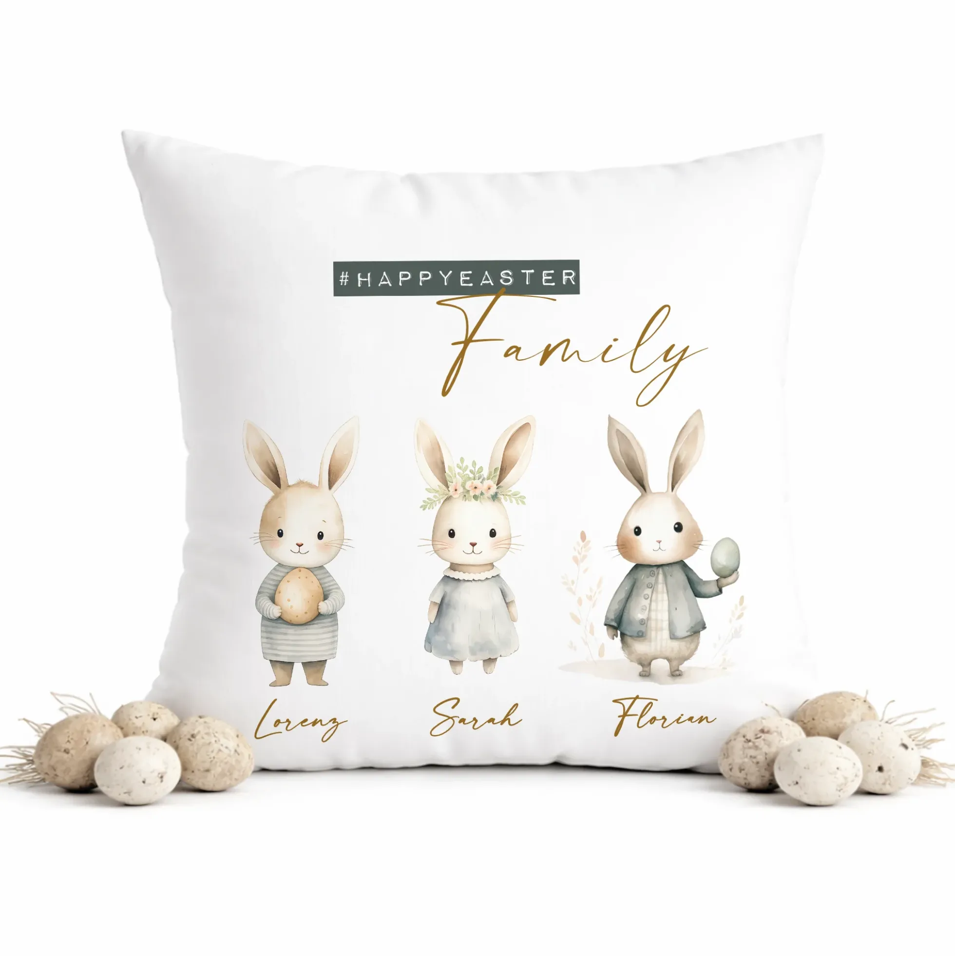 Personalisiertes Osterkissen mit Namen – Familienkissen mit Hasen – Osterdeko 40x40 – Geschenk für Kinder, Eltern & Großeltern – Kissenbezug mit oder ohne Füllung