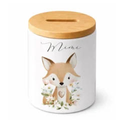 Personalisierte Spardose aus Keramik mit Bambusdeckel – Süße Waldtiere Motive im Boho-Stil – Sparbüchse mit Namen für Kinder