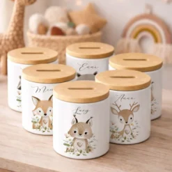 Personalisierte Spardose aus Keramik mit Bambusdeckel – Süße Waldtiere Motive im Boho-Stil – Sparbüchse mit Namen für Kinder