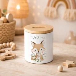 Personalisierte Spardose aus Keramik mit Bambusdeckel – Süße Waldtiere Motive im Boho-Stil – Sparbüchse mit Namen für Kinder