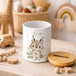 Personalisierte Spardose aus Keramik mit Bambusdeckel – Süße Waldtiere Motive im Boho-Stil – Sparbüchse mit Namen für Kinder