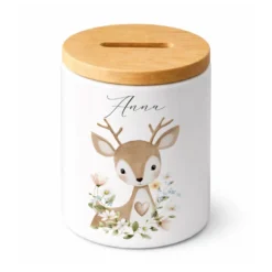 Personalisierte Spardose aus Keramik mit Bambusdeckel – Süße Waldtiere Motive im Boho-Stil – Sparbüchse mit Namen für Kinder