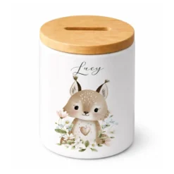 Personalisierte Spardose aus Keramik mit Bambusdeckel – Süße Waldtiere Motive im Boho-Stil – Sparbüchse mit Namen für Kinder