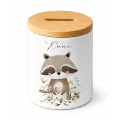 Personalisierte Spardose aus Keramik mit Bambusdeckel – Süße Waldtiere Motive im Boho-Stil – Sparbüchse mit Namen für Kinder