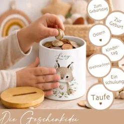Personalisierte Spardose aus Keramik mit Bambusdeckel – Süße Waldtiere Motive im Boho-Stil – Sparbüchse mit Namen für Kinder