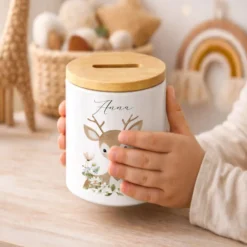 Personalisierte Spardose aus Keramik mit Bambusdeckel – Süße Waldtiere Motive im Boho-Stil – Sparbüchse mit Namen für Kinder