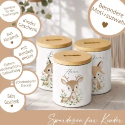 Personalisierte Spardose aus Keramik mit Bambusdeckel – Süße Waldtiere Motive im Boho-Stil – Sparbüchse mit Namen für Kinder