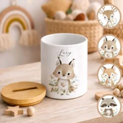 Personalisierte Spardose aus Keramik mit Bambusdeckel – Süße Waldtiere Motive im Boho-Stil – Sparbüchse mit Namen für Kinder