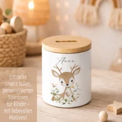 Personalisierte Spardose aus Keramik mit Bambusdeckel – Süße Waldtiere Motive im Boho-Stil – Sparbüchse mit Namen für Kinder