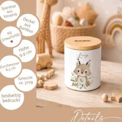 Personalisierte Spardose aus Keramik mit Bambusdeckel – Süße Waldtiere Motive im Boho-Stil – Sparbüchse mit Namen für Kinder