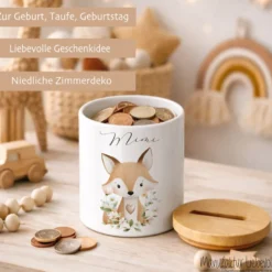 Personalisierte Spardose aus Keramik mit Bambusdeckel – Süße Waldtiere Motive im Boho-Stil – Sparbüchse mit Namen für Kinder