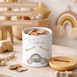 Personalisierte Spardose für Kinder aus Keramik mit Bambusdeckel – mit Namen – 6 Motive
