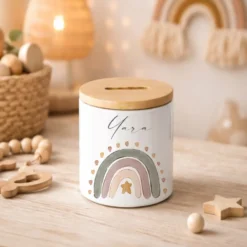 Personalisierte Spardose für Kinder aus Keramik mit Bambusdeckel – mit Namen – 6 Motive