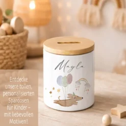 Personalisierte Spardose für Kinder aus Keramik mit Bambusdeckel – mit Namen – 6 Motive