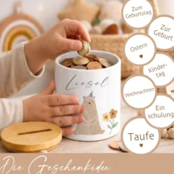 Personalisierte Spardose für Kinder aus Keramik mit Bambusdeckel – mit Namen – 6 Motive