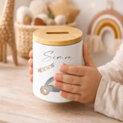 Personalisierte Spardose für Kinder aus Keramik mit Bambusdeckel – mit Namen – 6 Motive