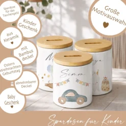 Personalisierte Spardose für Kinder aus Keramik mit Bambusdeckel – mit Namen – 6 Motive