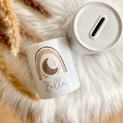 Personalisierte Spardose mit Boho Regenbogen | Geschenk mit Namen für Mädchen und Jungen