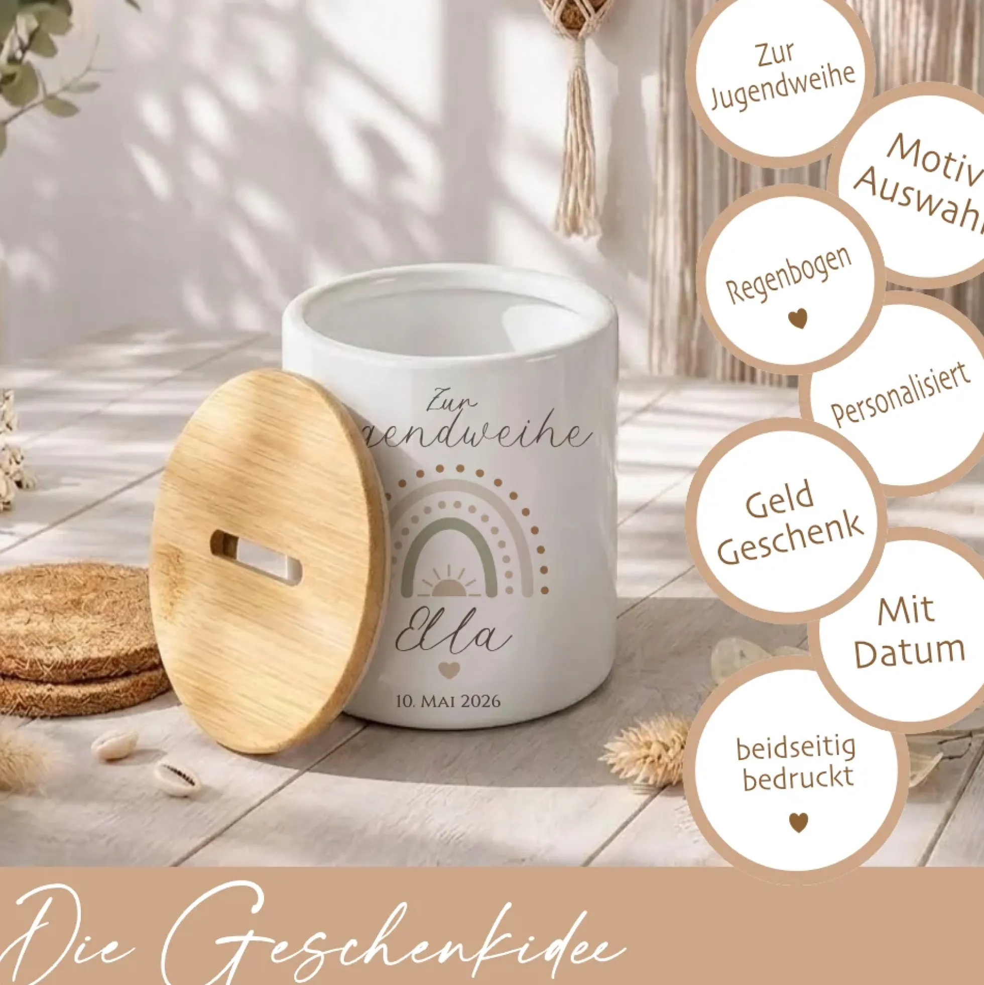Personalisierte Spardose zur Jugendweihe mit Bambusdeckel – Keramik Sparbüchse mit Namen & Datum – Geldgeschenk Boho Regenbogen – 4 Motive zur Auswahl
