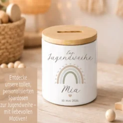 Personalisierte Spardose zur Jugendweihe mit Bambusdeckel – Keramik Sparbüchse mit Namen & Datum – Geldgeschenk Boho Regenbogen – 4 Motive zur Auswahl