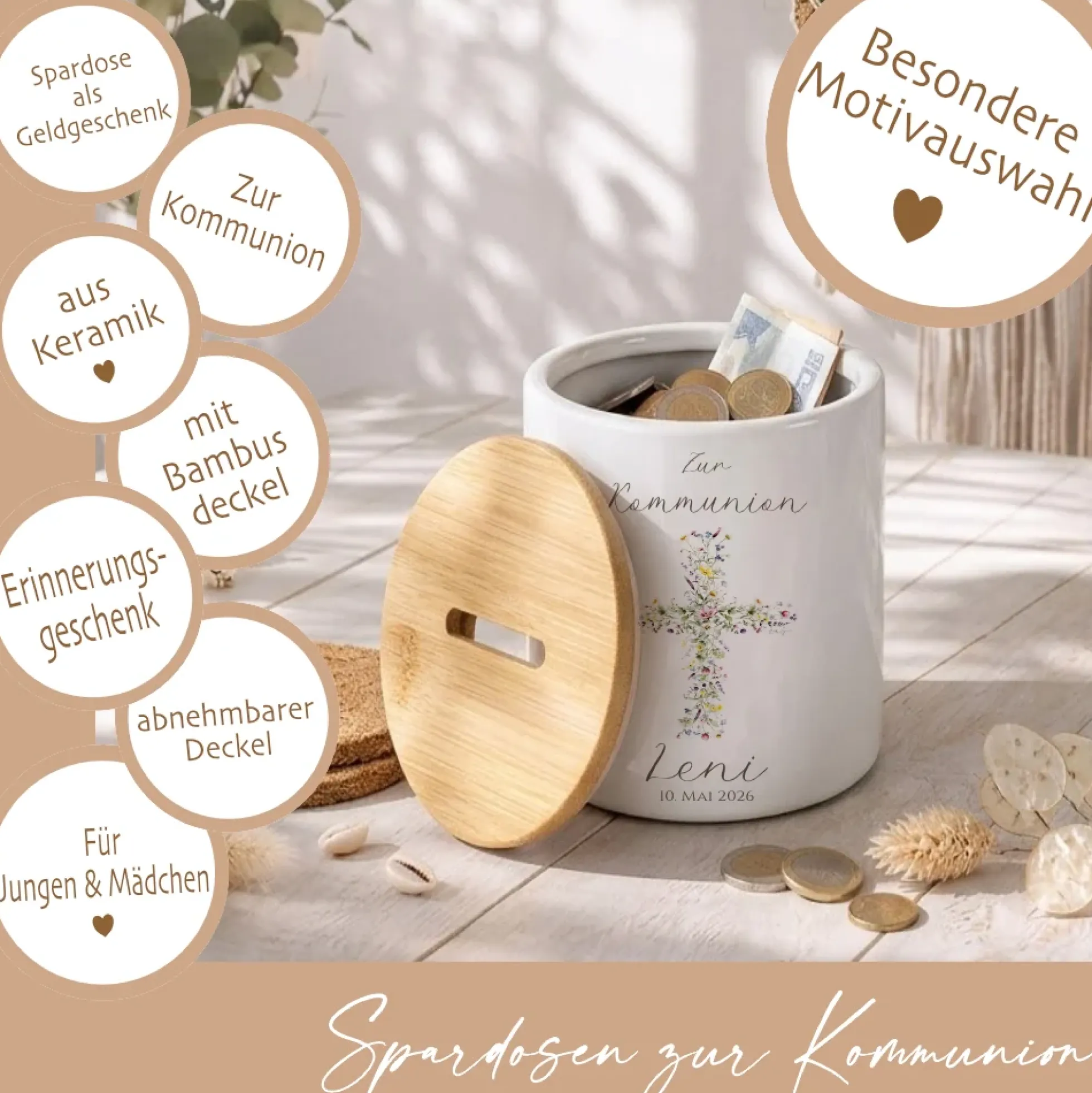 Personalisierte Spardose zur Kommunion – Geldgeschenk aus Keramik mit Bambusdeckel