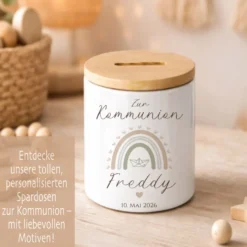 Personalisierte Spardose zur Kommunion – Geldgeschenk aus Keramik mit Bambusdeckel