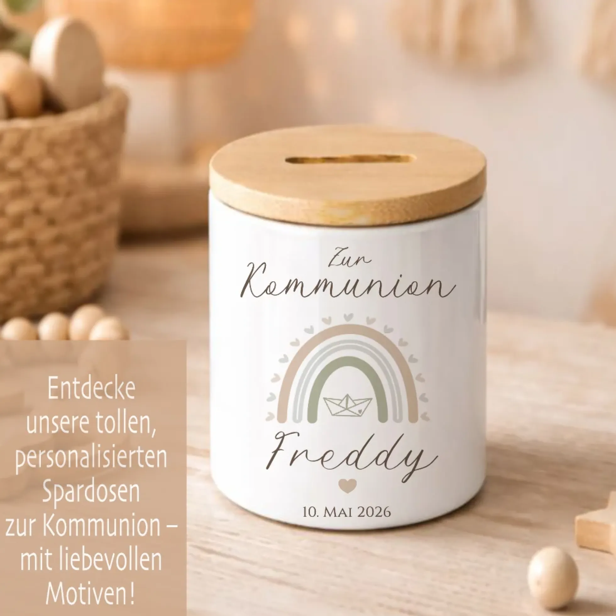 Personalisierte Spardose zur Kommunion – Geldgeschenk aus Keramik mit Bambusdeckel