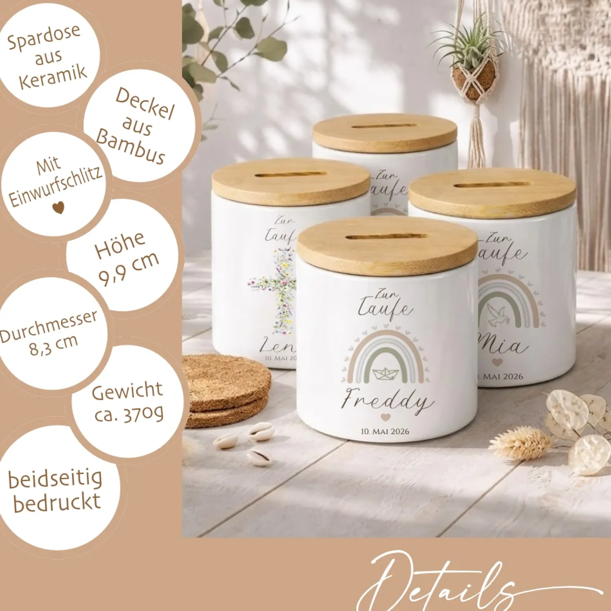 Personalisierte Spardose zur Taufe aus Bambus – Individuelles Taufgeschenk mit Gravur