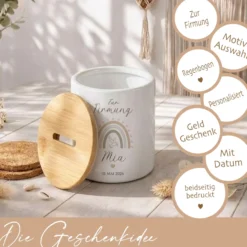 Personalisierte Spardose zur Firmung – Geldgeschenk aus Keramik mit Bambusdeckel