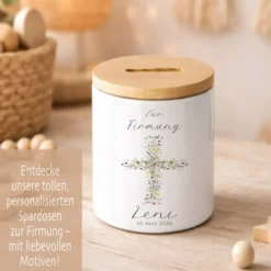 Personalisierte Spardose zur Firmung – Geldgeschenk aus Keramik mit Bambusdeckel