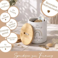 Personalisierte Spardose zur Firmung – Geldgeschenk aus Keramik mit Bambusdeckel