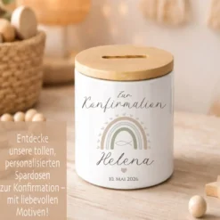 Personalisierte Spardose zur Konfirmation – Geldgeschenk aus Keramik mit Bambusdeckel