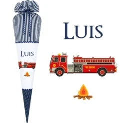 Personalisierte Stoffschultüte mit Feuerwehr und Namen des Kindes | Genähte Schultüte für Jungen in Blau | Optional mit Füllkissen und Spitzenschutz