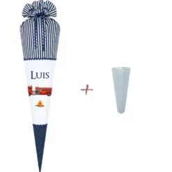 Personalisierte Stoffschultüte mit Feuerwehr und Namen des Kindes | Genähte Schultüte für Jungen in Blau | Optional mit Füllkissen und Spitzenschutz