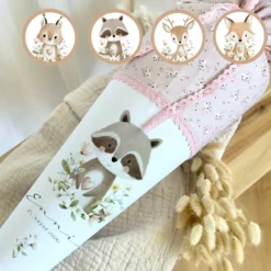 Personalisierte Stoff Schultüte mit Namen – Süße Waldtiere Motive & Boho-Details – Handgemacht zur Einschulung