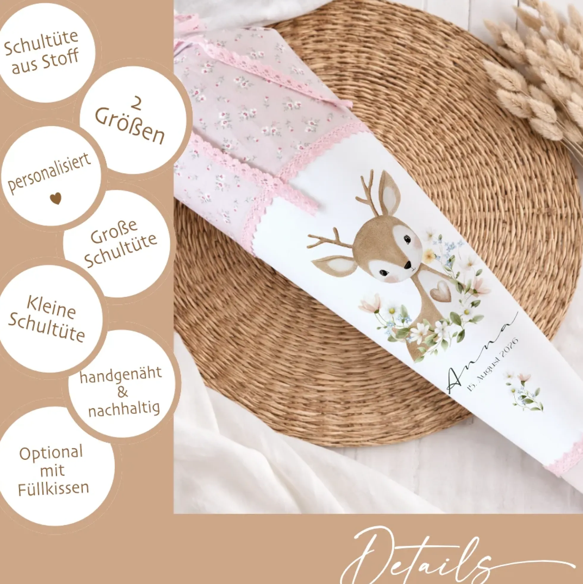 Personalisierte Stoff Schultüte mit Namen – Süße Waldtiere Motive & Boho-Details – Handgemacht zur Einschulung