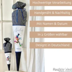 Personalisierte Stoff Schultüte Fußball in Blau für Jungen mit Fußballspieler Einschulungstüte 70 cm | Manufaktur Liebevoll | Optional mit Füllkissen und Spitzenschutz